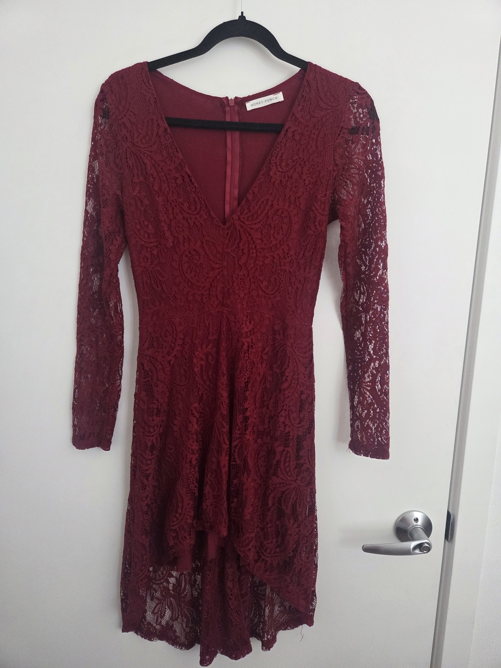 Honey Punch Burgundy/Red Lace High-Low Long Sleeve Dress